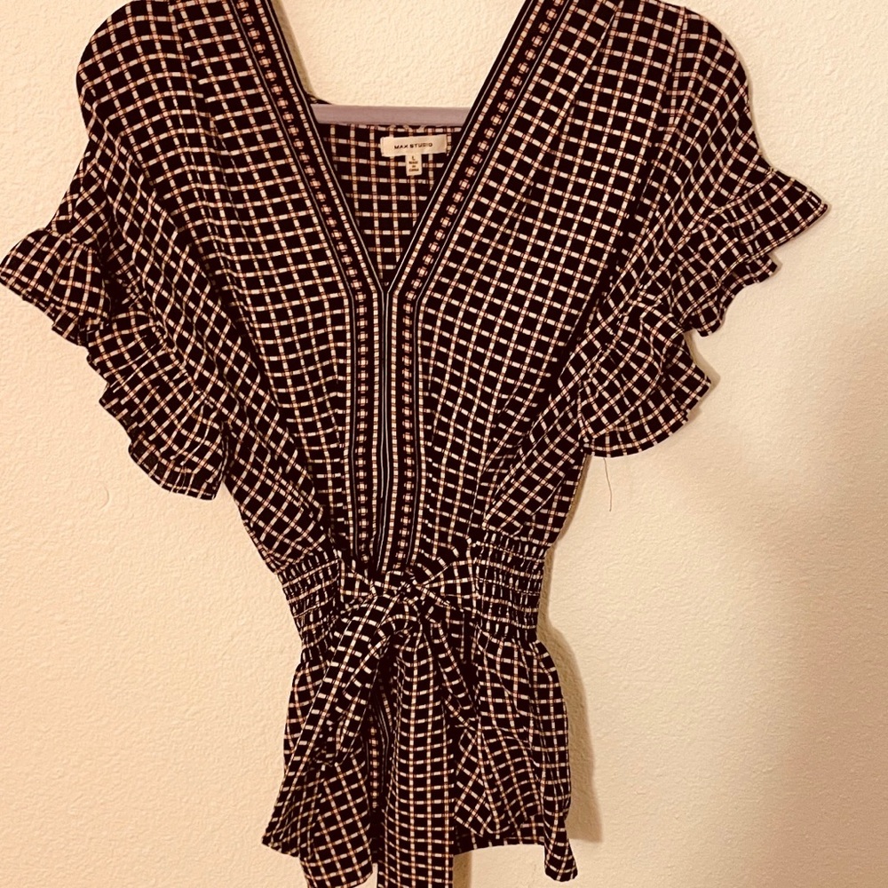 Max Studio V Neck Belted Flutter Sleeve Top